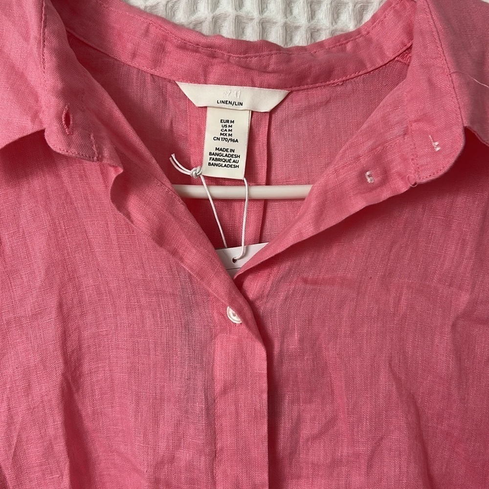 Pink 100% Linen Button Down Short Sleeve Shirt Medium NWT H&M - Picture 2 of 5